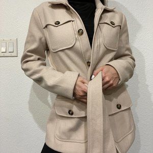 Cream Beige Woven Shacket with Belt shirt jacket oversized